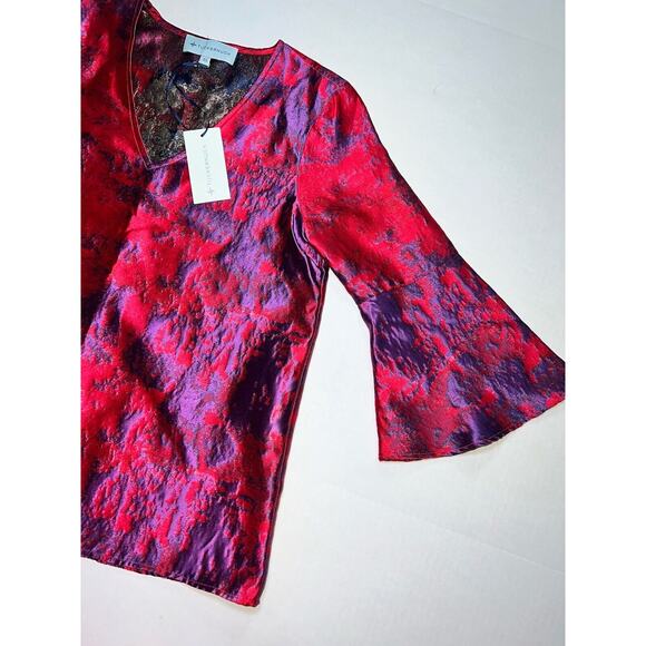 Tuckernuck Shirt Womens Size XS Purple Pink Jacquard Blouse Top 3/4 Bell Sleeves - Picture 4 of 15